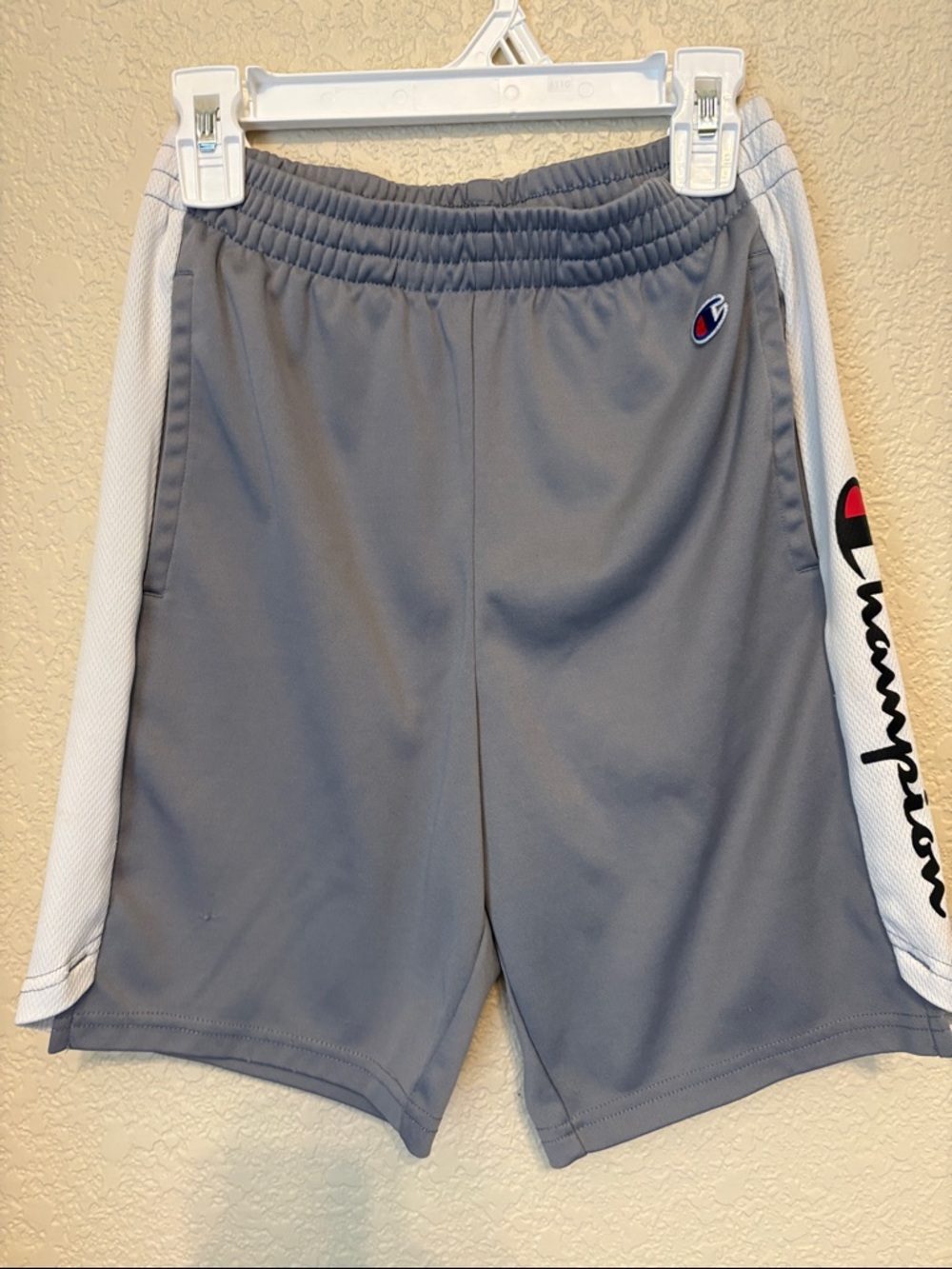 Champion Gray and White Mesh Sport Shorts with Side Script